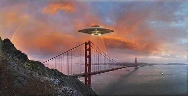 blended image of ufo and golden gate bridge