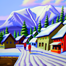 an oil painting of a snowy mountain village